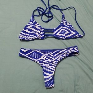 Blue and White abstract print thong bikini